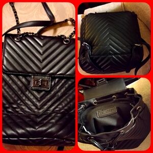 KC Jagger Black Faux Leather Quilted Drawstring/Chain Strap Small Backpack